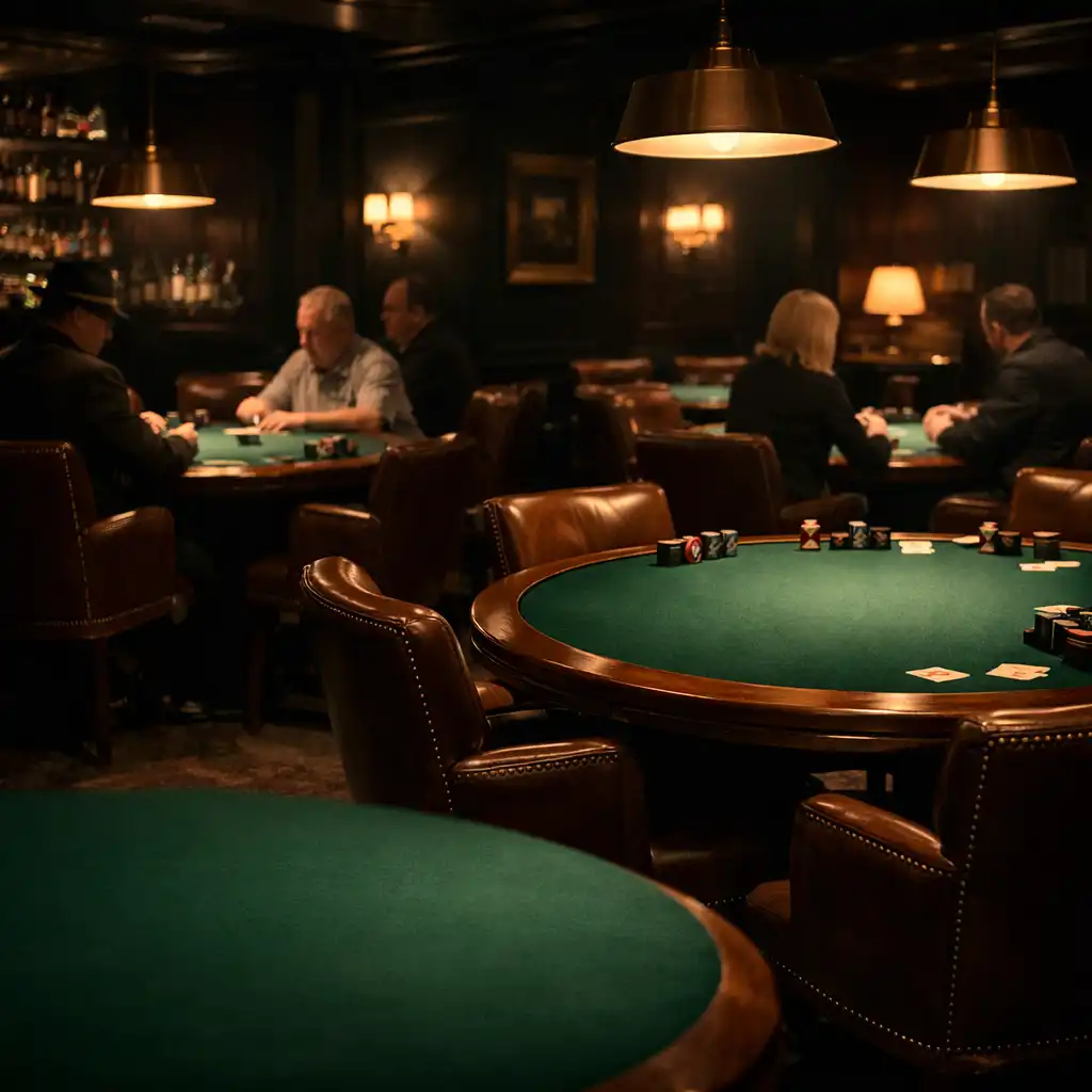 Low-lit card lounge with emerald green poker tables and comfortable seating
