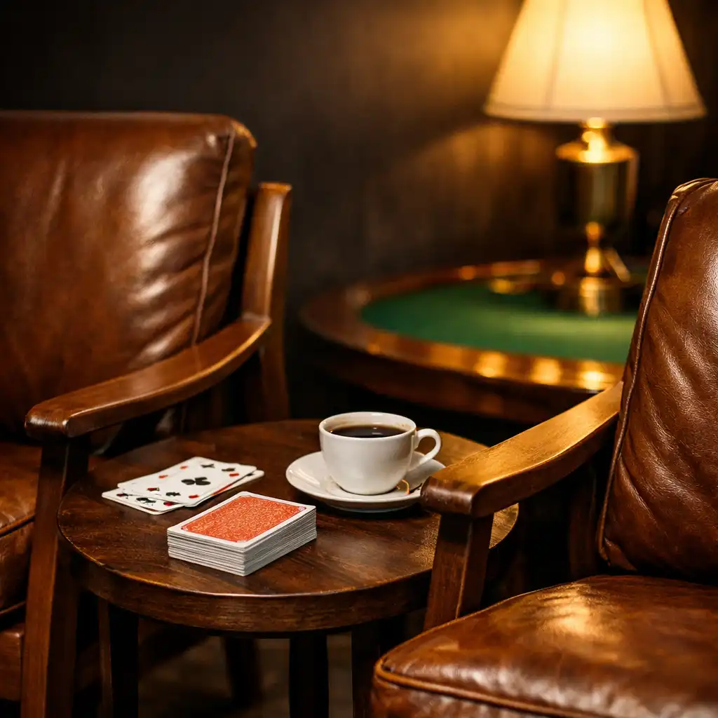 Comfortable leather and walnut seating in the card lounge