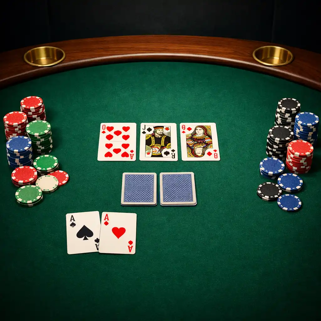 Overhead view of a poker table with emerald green felt in the card lounge