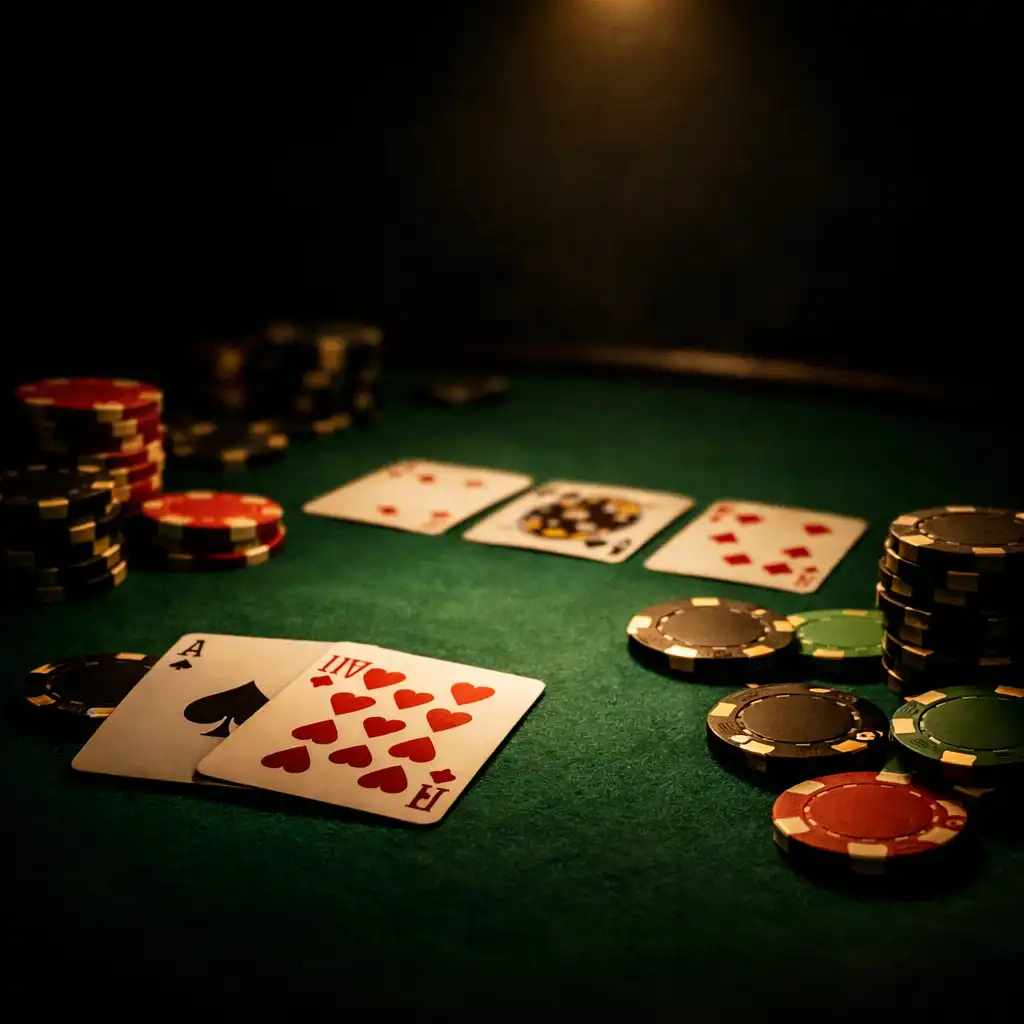 Cinematic close-up of a poker table with emerald felt, playing cards, and poker chips in low light