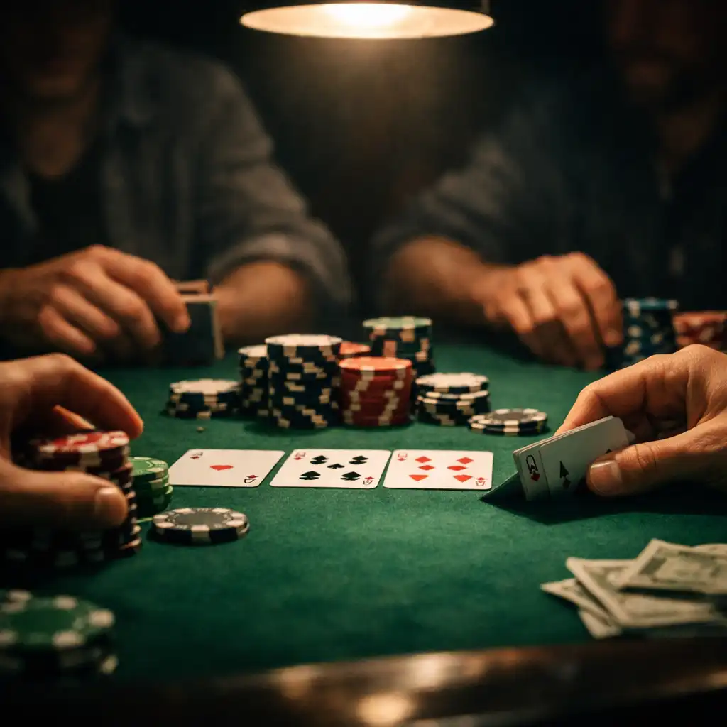 Close-up of players' hands handling cards and chips at a poker table