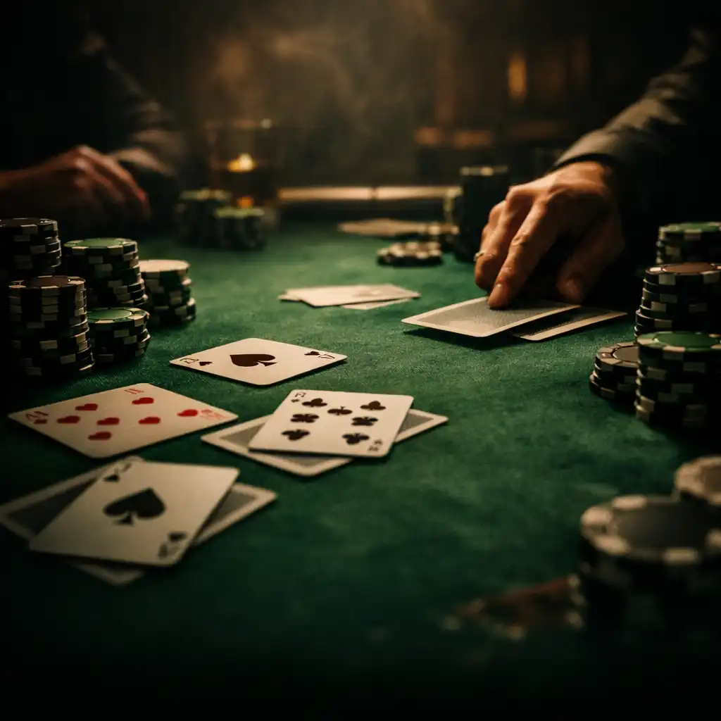 Low-angle view of a poker table with green felt, scattered cards, and stacks of poker chips under warm moody lighting