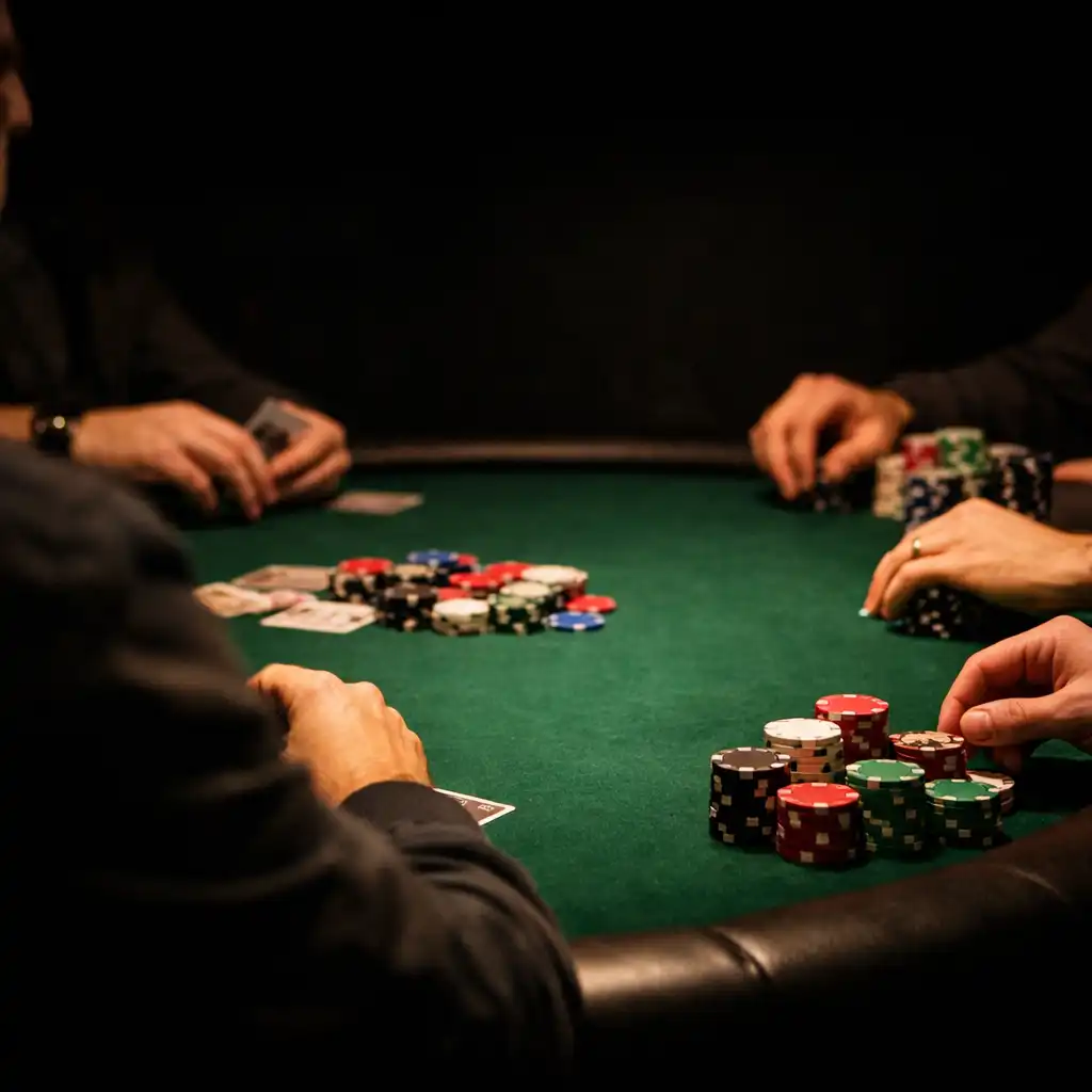 Candid view from behind of poker players seated at a table, with hands and chips visible