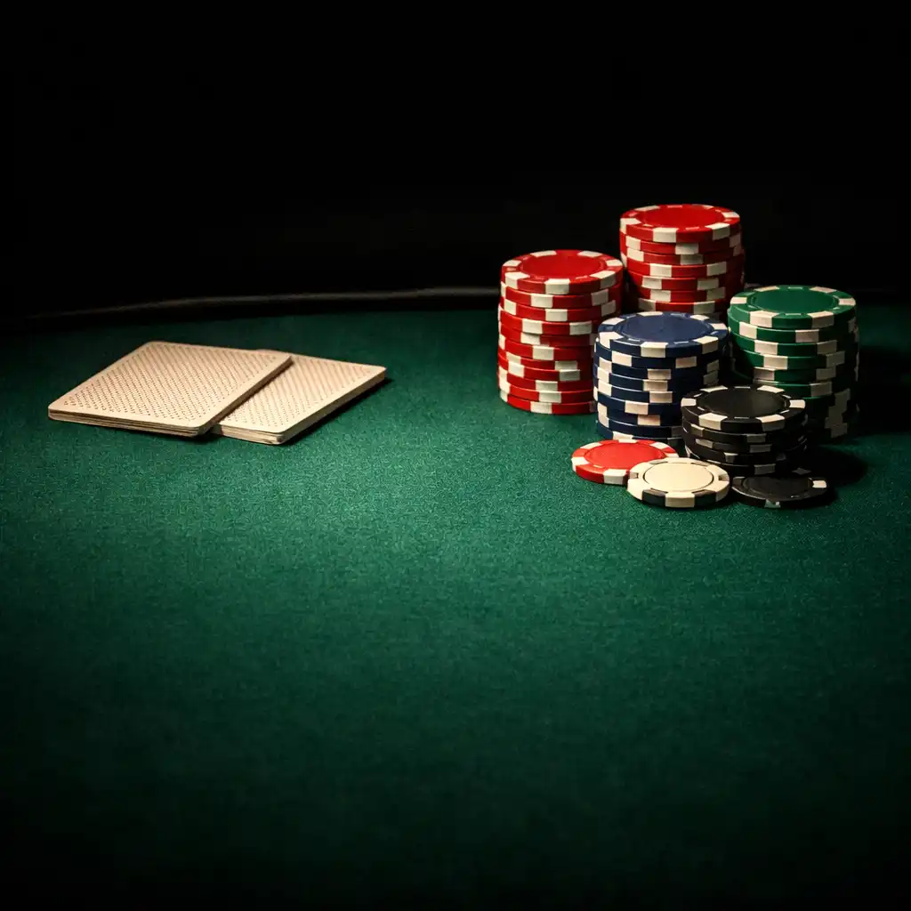 Cinematic close-up of a poker table at night with emerald felt, cards, and chips