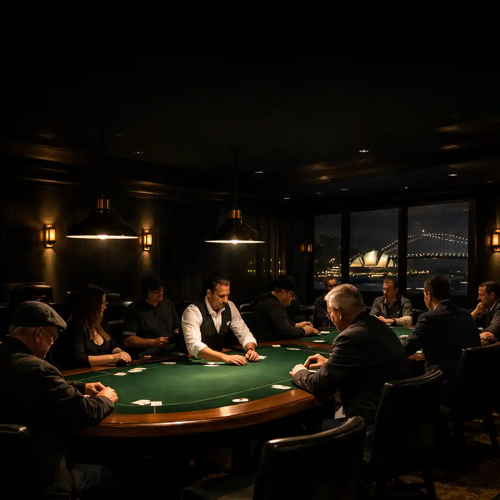 A cinematic wide shot of a low-lit poker room with emerald felt tables, walnut trim, and focused players in Sydney