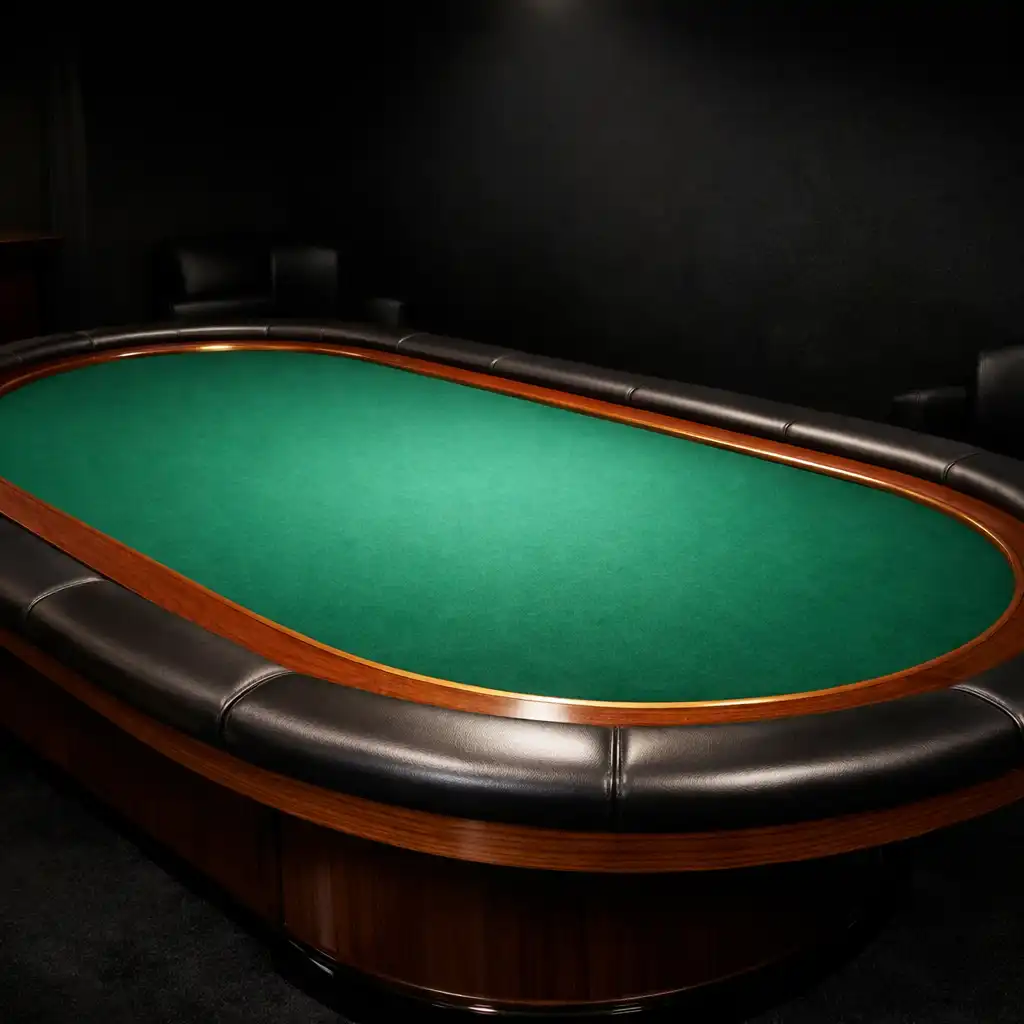Wide-angle view of an oval poker table with emerald felt and walnut rail in a dark room