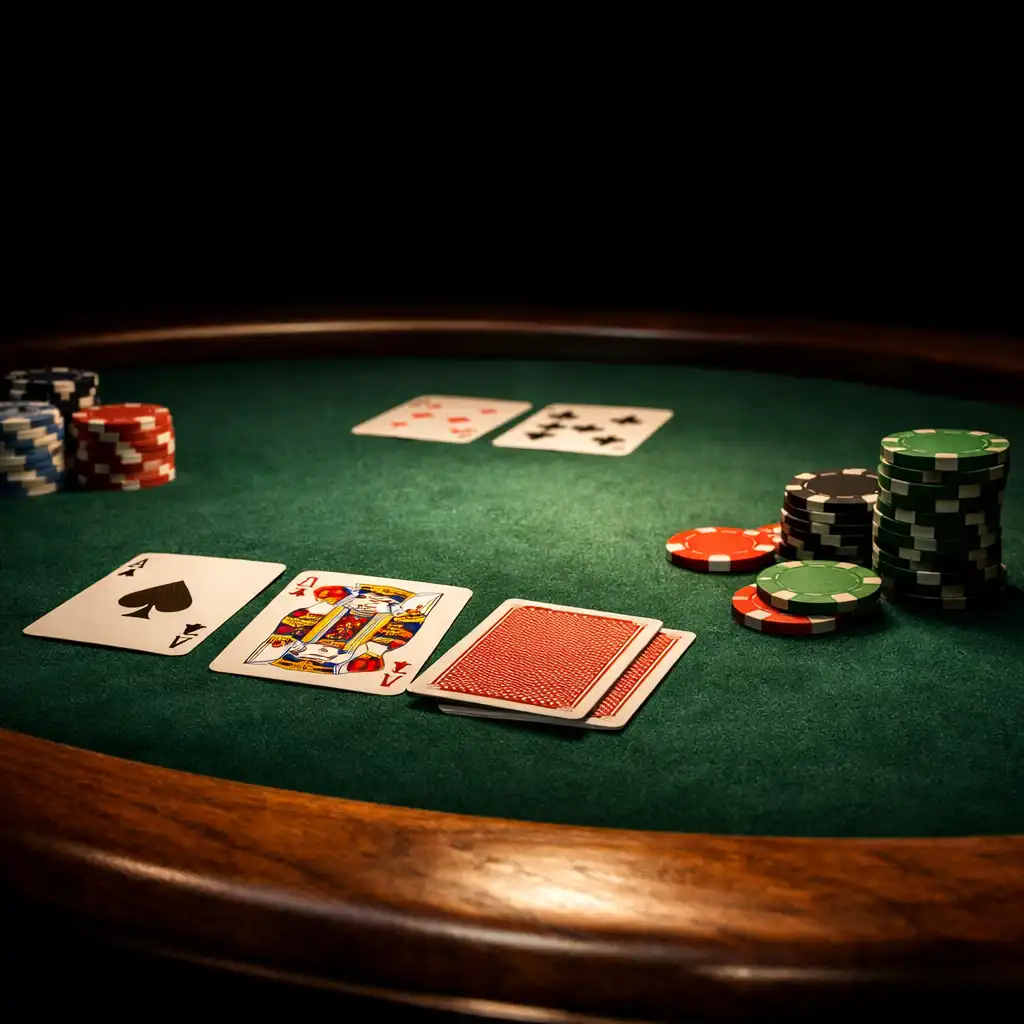 Cinematic close-up of an emerald felt poker table with cards and chips under low light