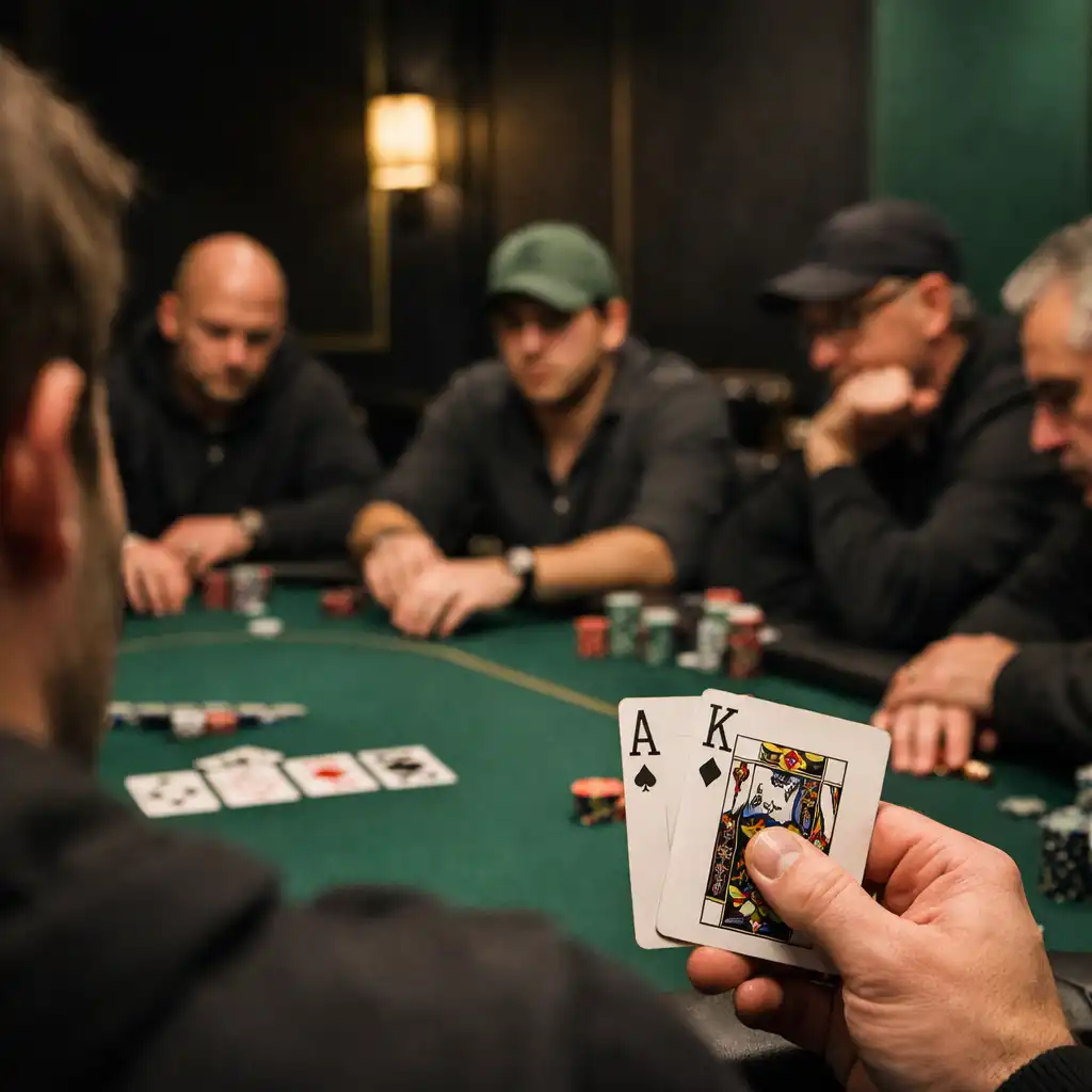 Over-the-shoulder view of a poker tournament in progress with a player holding cards and focused players around the table