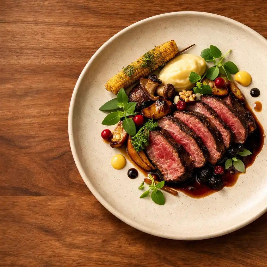 Overhead view of a beautifully plated Australian dish on a cream ceramic plate