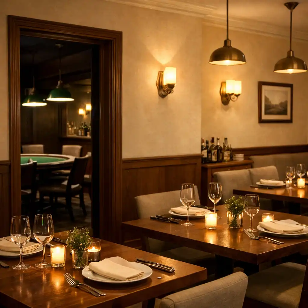 Warm restaurant interior with cream walls, walnut tables, and brass light fixtures
